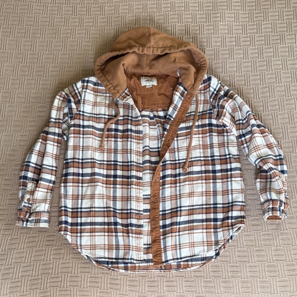 Cotton American Eagle Outfitters Hooded Plaid Shirt Jacket - Brown/White